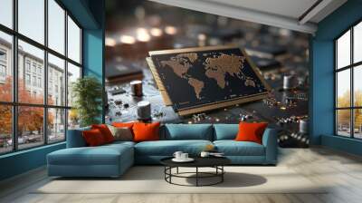 Tech geography: world map crafted from microchips, global interconnectedness in digital age, technology bridges continents and cultures, fusion of innovation and cartography Wall mural