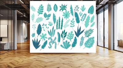 A set of tropical flowers, palm leaves Wall mural