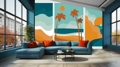  Set of summer abstract content modern landscape poster banner illustration, background in yellow and blue colors. Sandy beach, mountains, beach on the sea, palms, ocean. Vector graphics
 Wall mural