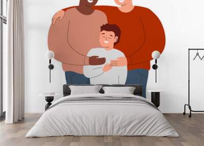 A couple of two men with a son. A same-sex homosexual family happily embraces. Vector graphics. Wall mural