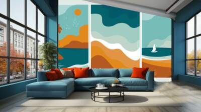 A set of abstract contemporary nature posters. Sea, sand with palm trees, island, boat with sail on the background of sun and clouds. Vector graphics. Wall mural