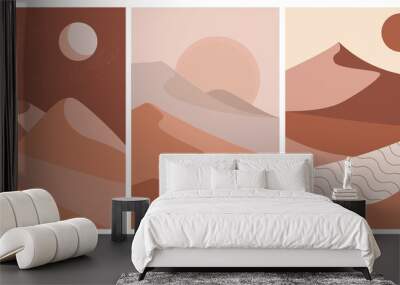 A set of modern abstract illustrations, landscapes. Mountains, dunes, desert, sun, moon in a minimalist style for posters, prints, wallpapers, textiles, invitations. Vector graphics. Wall mural