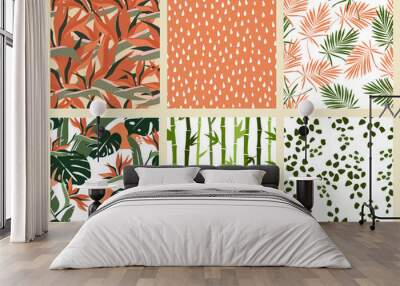 A set of seamless tropical exotic patterns of green vertical stems, bamboo branches and leaves, flowers of small drops, simple shapes, natural plant ornaments of palm trees. Vector graphics. Wall mural