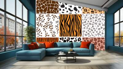 A set of seamless wild animal coloring patterns. The skin of a tiger, giraffe, leopard, zebra, cheetah. Contemporary background for printing. Imitation of camouflage. Vector graphics. Wall mural