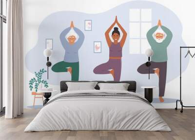 Elderly people repeat yoga movements after the trainer. Gymnastics, sports in the group. Active life granny. Vector flat graphics. Wall mural