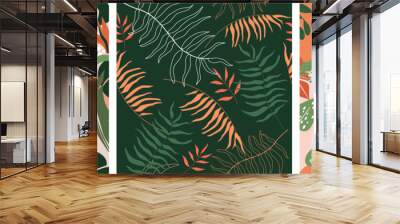 Seamless pattern set with abstract minimalistic contemporary tropical exotic print. Palm leaves, monsters, bright jungle forest. Vector graphics. Wall mural