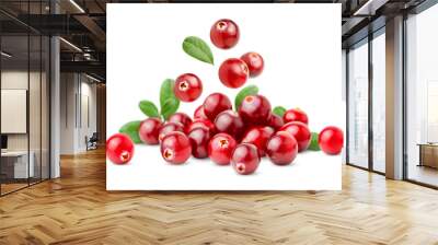 pile with falling cranberries and leaves on a white isolated background Wall mural