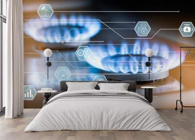 two gas burners and holograms with icons. Extraction and use of natural gas Wall mural