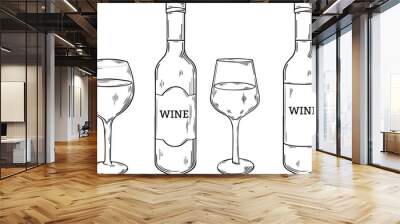 different types of wine glasses and wine bottles with label, hand drawn style vector illustration  Wall mural