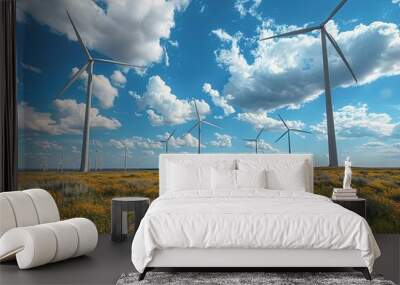  wind turbines set in a vast field.  multiple turbines with their blades in motion, set against a clear sky or a dynamic weather background. field expansive, showcasing the scale and impact of the tur Wall mural