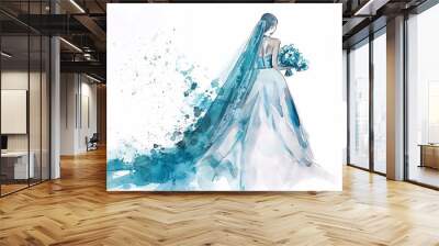 A charming watercolor image of a daughter-in-law's wedding dress, made in shades of deep blue and bright turquoise. This unsurpassed artwork conveys the sophistication and elegance of an outfit that i Wall mural