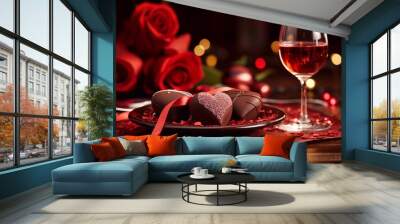 a glass of wine and a plate of chocolates with a heart shaped chocolate in the background. Wall mural