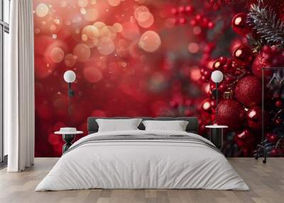 christmas background with red balls and ribbon Wall mural