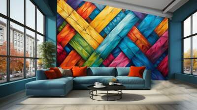 Create a design featuring an intricate pattern of color grids, where various shades blend seamlessly to form a vibrant and dynamic composition. Each grid square is filled with different hues, ranging  Wall mural