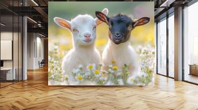 Depict two playful baby goats frolicking in a sunlit summer meadow on a farm, surrounded by vibrant wildflowers and lush grass. Wall mural