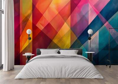 Draw a series of smooth color gradations within a geometric pattern, transitioning seamlessly from one hue to another. The design features shapes like triangles, squares, and hexagons, with each secti Wall mural