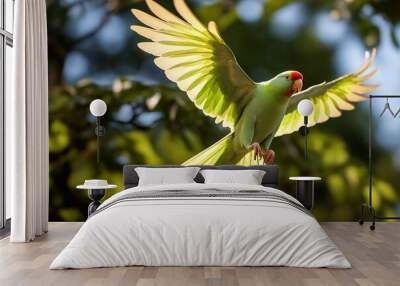 Flying large green ringed or Alexandrine parakeet (Psittacula eupatria)
 Wall mural