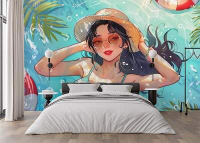 hand drawn cartoon anime summer cool swimsuit girl illustration Wall mural