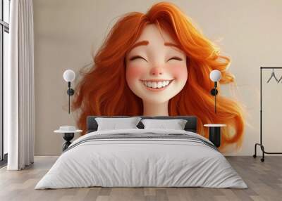 Portrait of happy woman with red hair smile, laughing cartoon character Wall mural