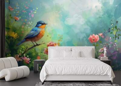 Spring song background where a little bird sits on a branch with place for text, magical nature, green background Wall mural