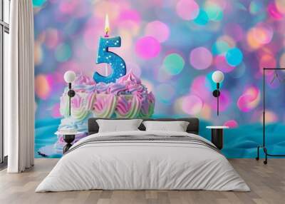 Sweet Birthday cake with number 5 on top on colorful bokeh background, 5th years old happy birthday Cake, copy space Wall mural