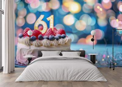 Sweet Birthday cake with number 61 on top on colorful bokeh background, 61th years old happy birthday Cake, copy space Wall mural