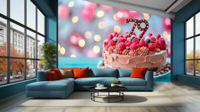 Sweet Birthday cake with number 79 on top on colorful bokeh background, 79th years old happy birthday Cake, copy space Wall mural