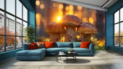 Three beautiful boletus mushrooms, known as porcini mushrooms, in the sun Wall mural