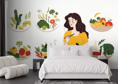 
Vegetarian concept with healthy fresh diet showing a woman eating salad, bowl of greens and making a choice. Set of vector illustrations Wall mural