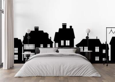 Black Silhouettes of village houses with windows. Horizontal seamless composition. Small city houses residential quarters. Cityscape with buildings. Isolated on white background. Housing Vector Wall mural