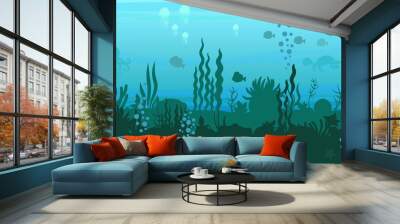 Bottom of reservoir with fish. Silhouette. Blue water. Sea ocean. Underwater landscape with animals, plants, algae and corals. Illustration in cartoon style. Flat design. Vector art Wall mural