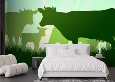 cow grazing on pasture grass. picture silhouette. farm pets. animals for milk and dairy products. on Wall mural