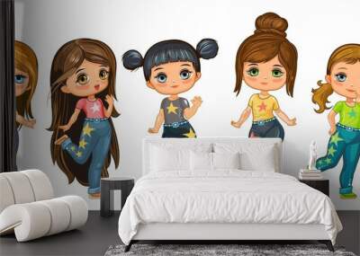 Cute little girl doll. Fun cartoon style. Set of characters in different clothes and poses. Object isolated on white background. Vector Wall mural