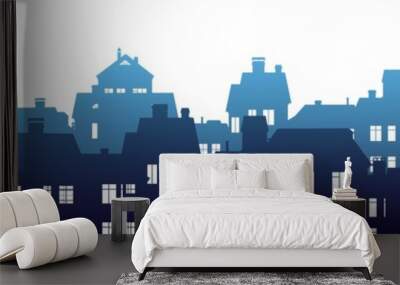 Fog Silhouettes of village houses with windows. Small city houses residential quarters. Isolated on white background. Horizontal seamless composition. Cityscape with buildings. Housing Vector Wall mural