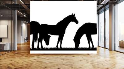 Horses are grazing. Picture silhouette. Farm pets. Animals domestic traditional. Isolated on white background. Vector Goat with kid near the herd Wall mural