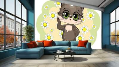 Kitten. Kitty cub. Cute funny animal on an abstract background with flowers. Child. Cartoon style. Isolated on white. vector Wall mural