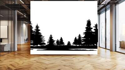 Overgrown patch. Coniferous forest with firs and pines. Landscape with trees and grass. Silhouette picture. Isolated on white background. Vector. Wall mural