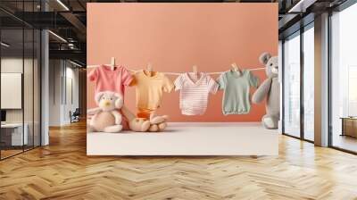 baby toys, clothes on pink background with copy space , AI Generated.  Generative AI Wall mural