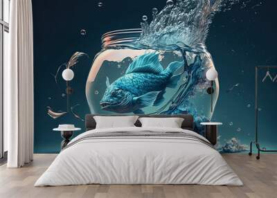 Big fish in aquarium and splashes of water . AI Generated Wall mural