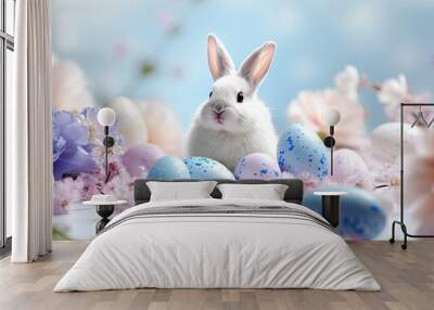 colourful flowers and bunny on pastel background. easter background Wall mural