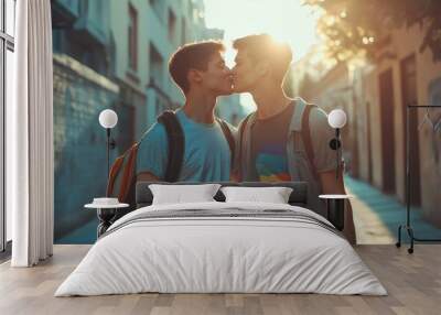 portrait of two young men walking and kissing Wall mural