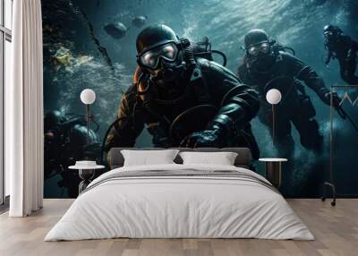 scuba divers in the military operation at night Wall mural