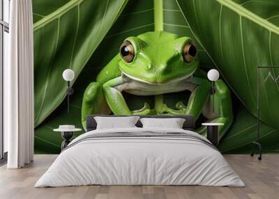 top view of green tree frog on leaf, ai generated Wall mural