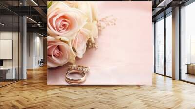 wedding rings and bridal flowers bouquet, copy space Wall mural