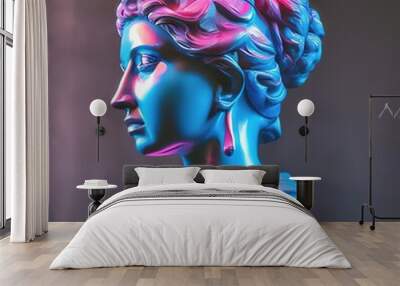 antique statue of a female head with neon pink and blue light on a black background. futuristic design. beauty of face and hair. Wall mural