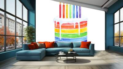 watercolor rainbow cake with seven candles. Template for greeting card Wall mural