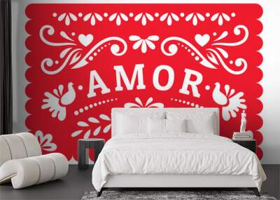 Papel Picado with floral design, birds and hearts for the Mexican holiday. Fiesta wedding decoration. Wall mural