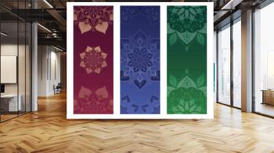 Set of yoga mats, posters, flyers, cards with flower mandalas. Ethnic round ornament. Wall mural