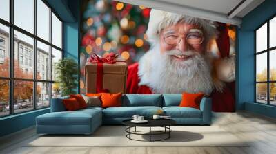 Close-up of elderly bearded smiling man in Santa Claus costume holding gift box in hands, against background of Christmas tree and lights with copy space Wall mural