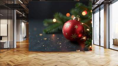 Christmas and new year background concept. Top view of Christmas ball, christmas brance, star and snowflake on dark background. Wall mural